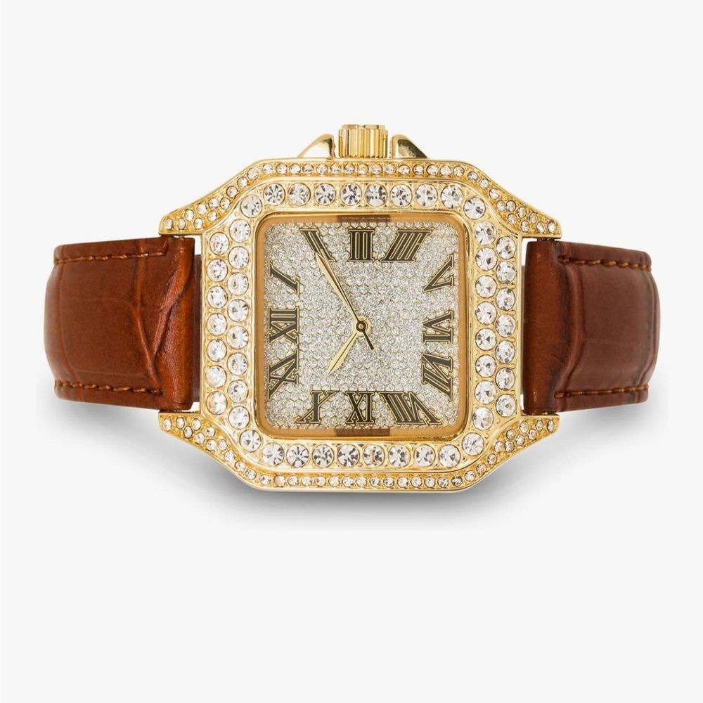 Bust Down Iced Out Hip Hop Watch Brown Silicone Strap VVS Diamond Gold Bling